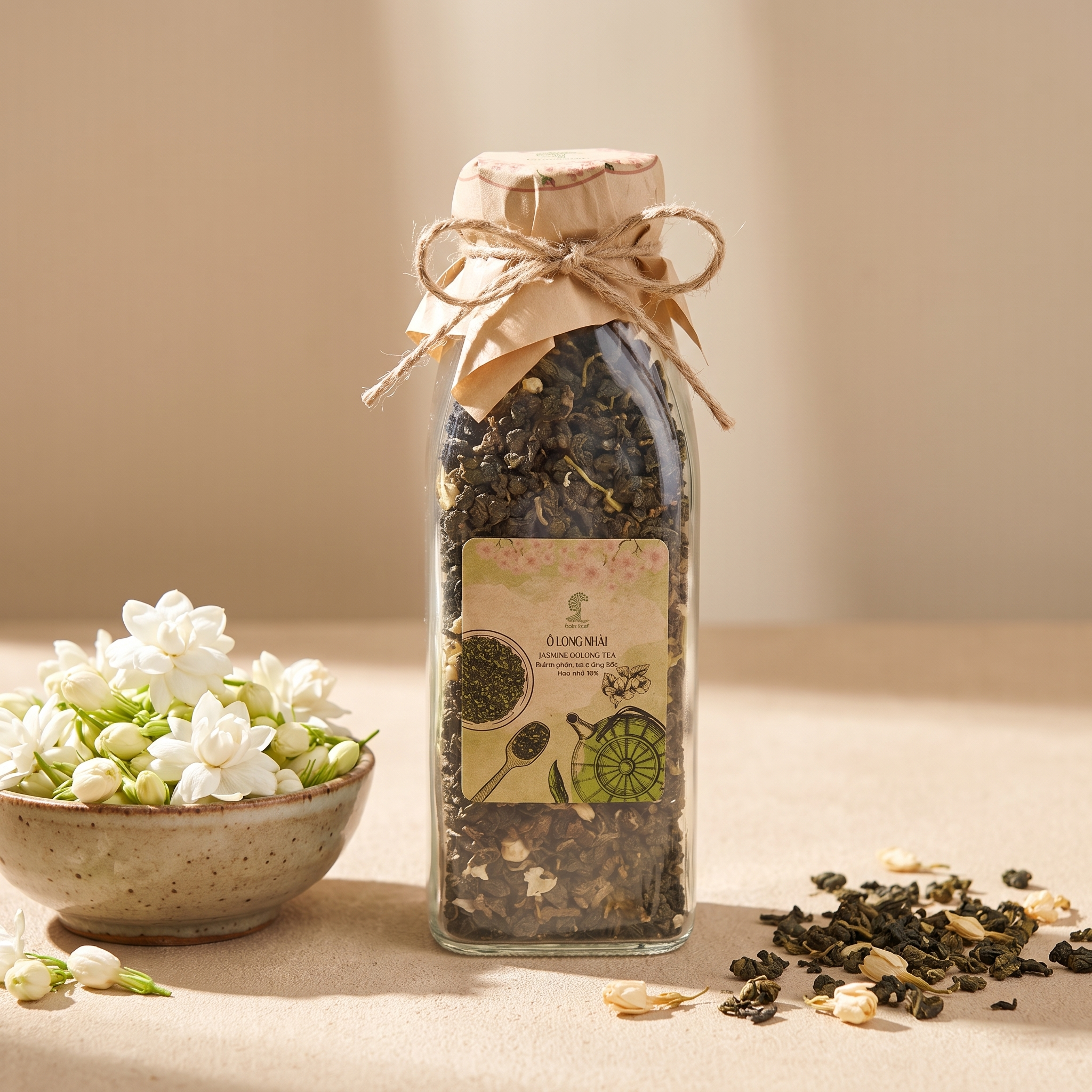 Trà OoLong Nhài trong Chai thủy tinh. Trà lá rời, được đựng trong chai thuỷ tinh có nắp , chai trà thuỷ tinh trong suốt có thể nhìn thấy trà và hoa bên trong. Mỗi lần uống lấy 1 ít pha, sau đó đậy kín
