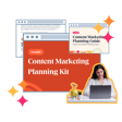 A woman working on a laptop in front of colorful content marketing resources, including a guide and planning kit, set against a vibrant background.
