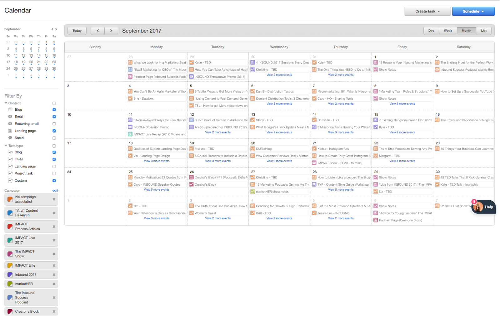 A visual representation of a structured marketing calendar layout, showing organized columns for dates, content types, and status updates.