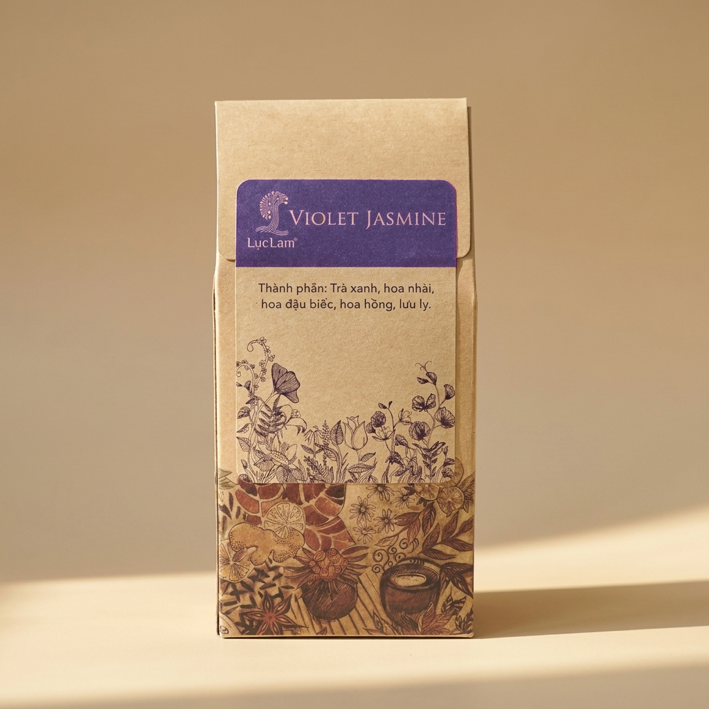 Trà Violet Jasmine là "trà hoa, trà thảo mộc " trong Hộp giấy 50gr; tên sản phẩm và quy cách được thể hiện trên bao bì; quy cách 50g. Điểm nhận diện: hương hoa hồng dịu nhẹ kết hợp cùng nền trà được t