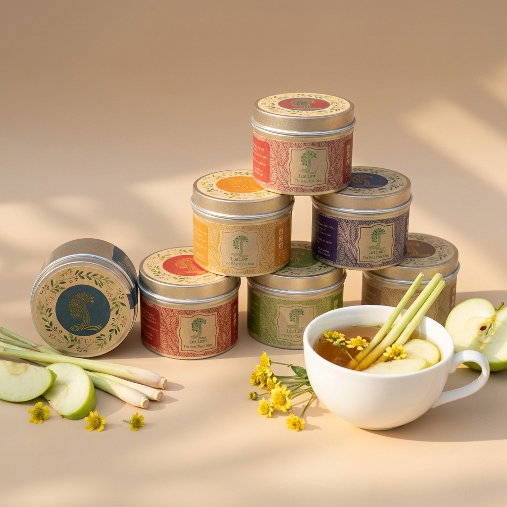Eight cylindrical tea tins (metal canisters) stacked in a pyramid: colorful paper labels with botanical illustrations, gold-tone metal lids, accompanied by a white ceramic cup of herbal tea, fresh lem