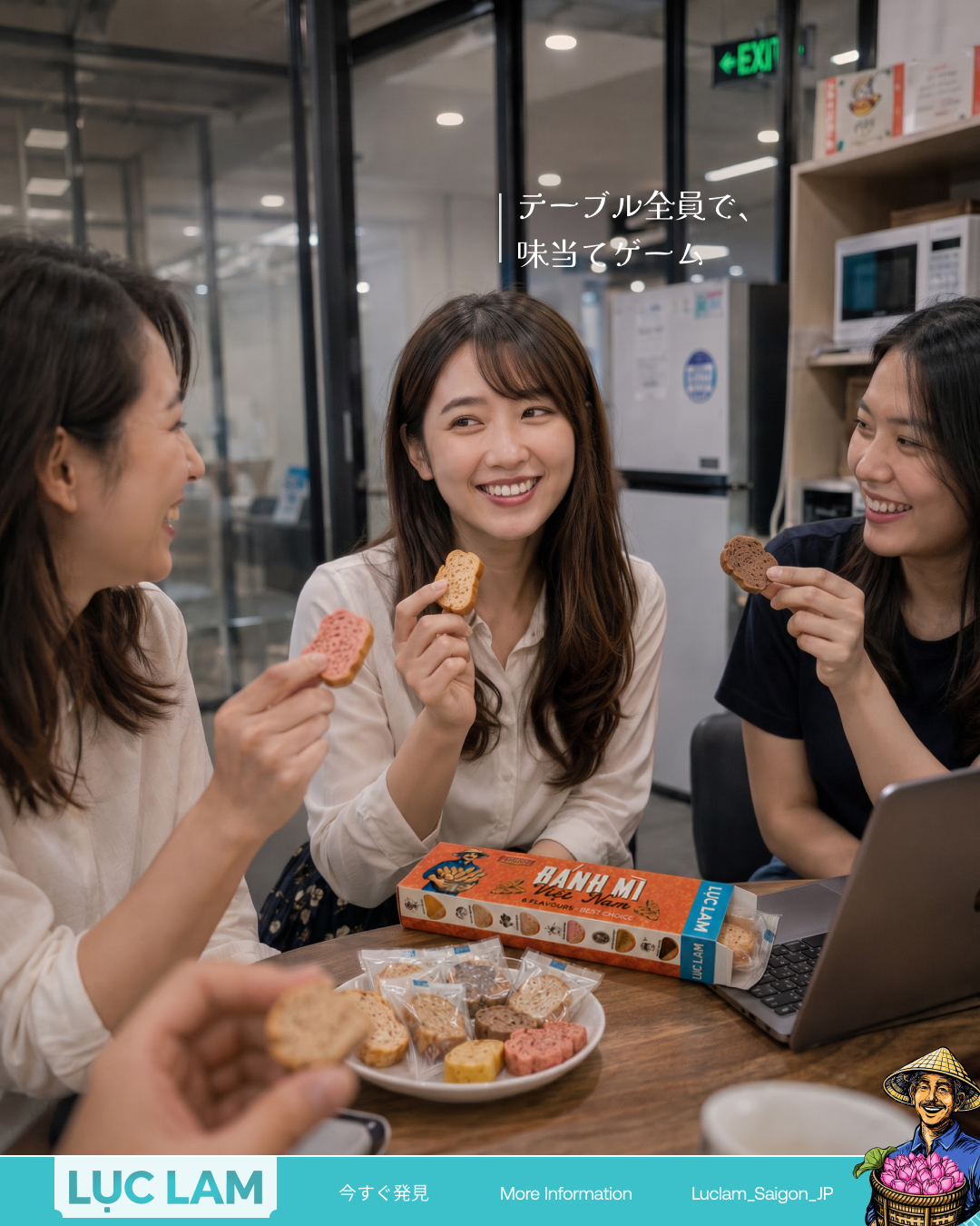 Three women sitting at a wooden table in an office, each holding a small, round, baked cracker (bánh mì) up to their mouths. A white plate of assorted crackers and an open orange box labeled 'BÁNH MÌ'