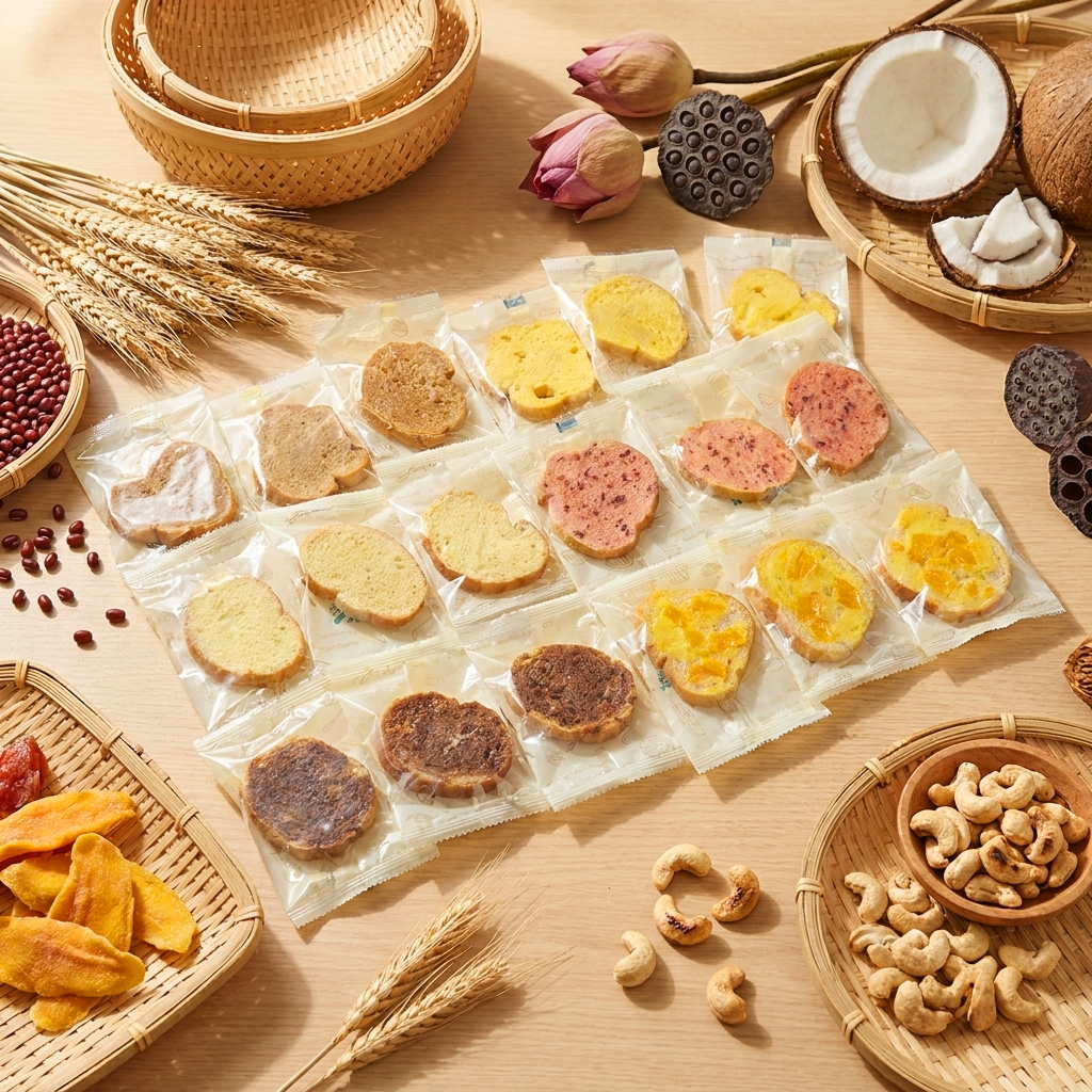 18 gói rusk, có rổ tre nhỏ đựng cây cán bột và nĩa gỗ, bông lúa mì, hạt điều rải quanh