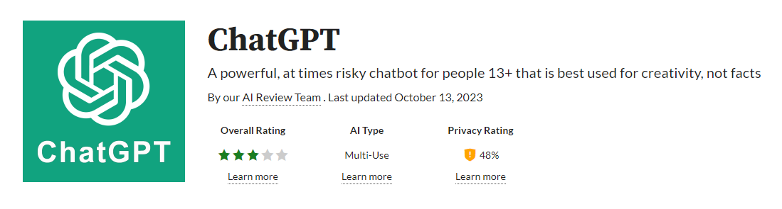 3-star review of ChatGPT found on Common Sense Media