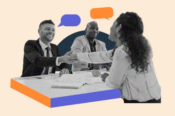 Three professionals (two men, one woman) shaking hands across a desk; black-and-white photo collage with flat-color speech bubbles, solid geometric background, and grainy texture.