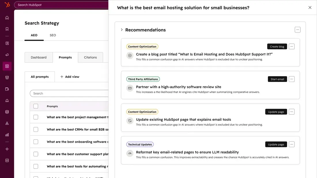 HubSpot AEO recommendations panel showing content suggestions