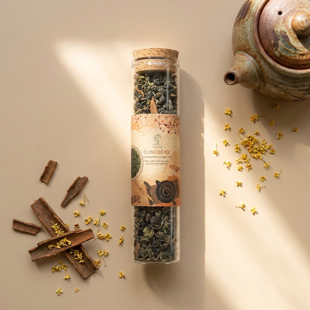 Oolong tea leaves (dried, rolled) in a tall glass tube with a cork stopper: cylindrical transparent container, paper label with botanical illustrations, cinnamon sticks and dried osmanthus flowers sca