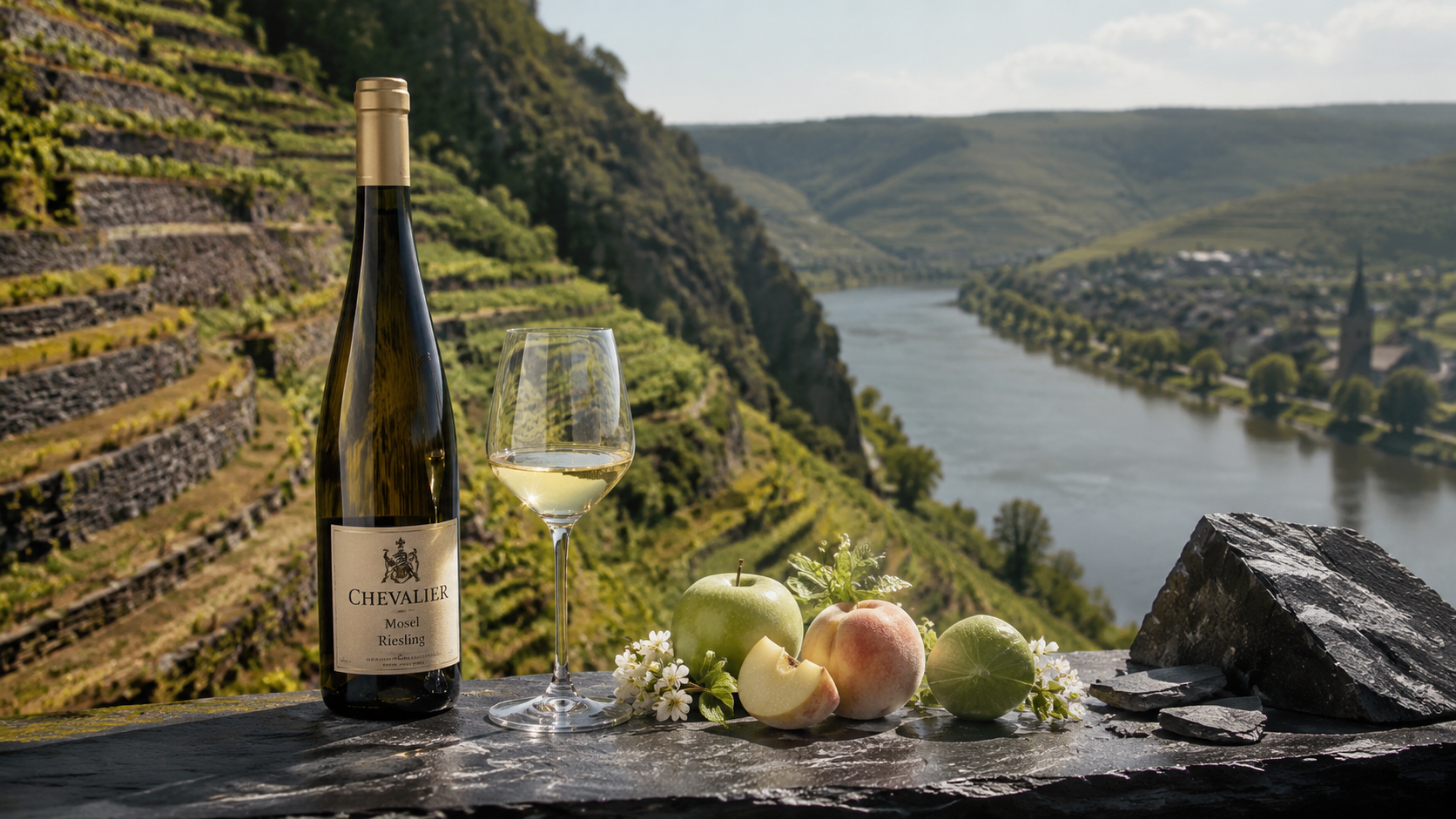 Chai rượu vang trắng Chevalier Mosel Riesing và ly rượu, đặt trên đá phiến đen cùng táo, đào, hoa trắng, với nền là thung lũng sông và vườn nho bậc thang.