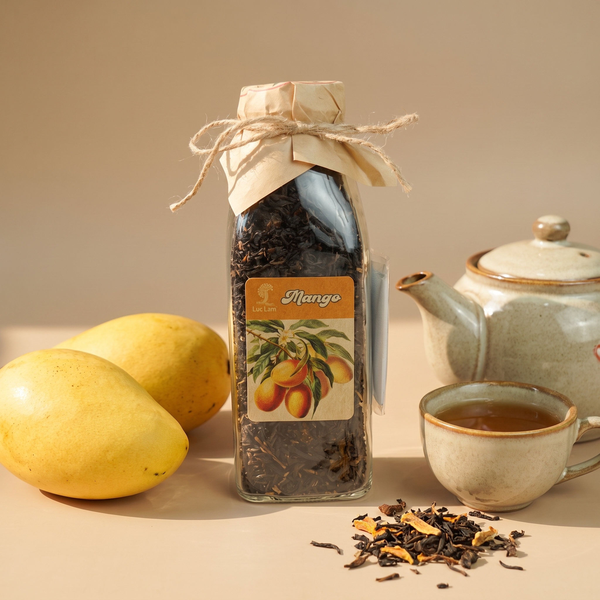 What does this image show: Chai thủy tinh trong suốt đựng trà lá rời trộn xoài sấy, thấy rõ màu trà đen vàng óng và miếng xoài khô bên trong, nắp vặn kín, dùng nhiều lần.