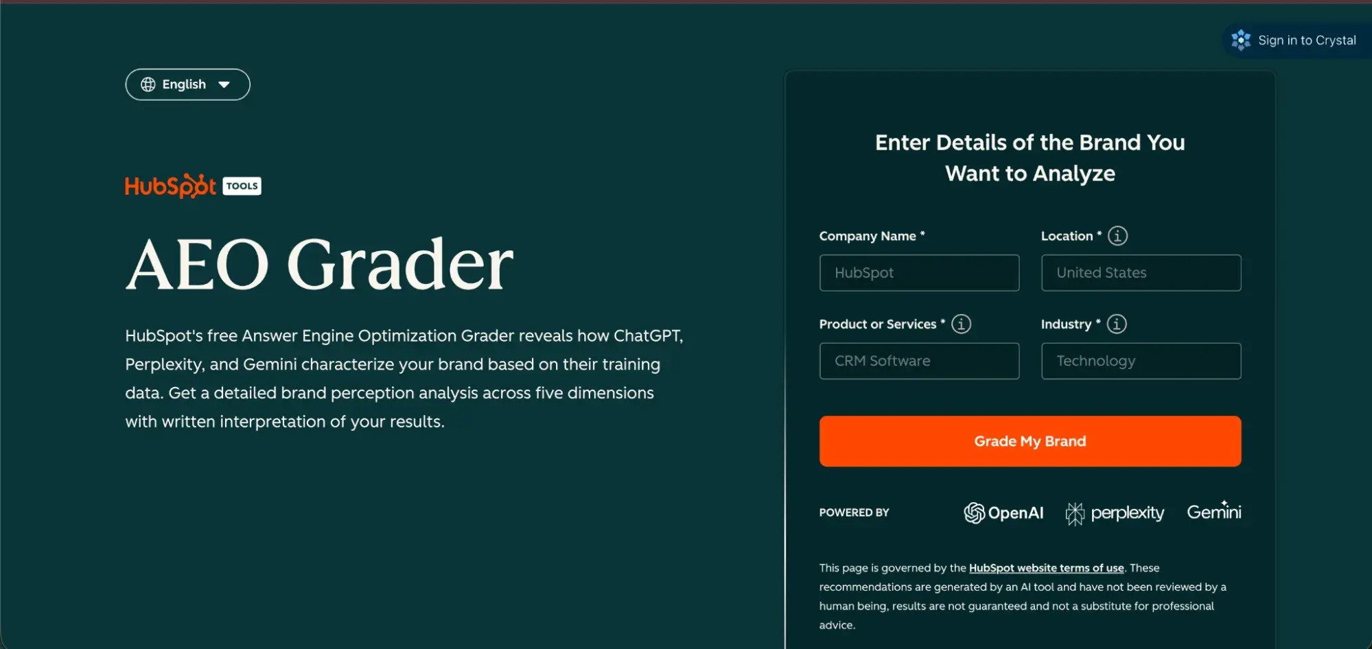 how to rank in ai search results; AEO Grader tool interface with form fields for company name, location, product or services, and industry