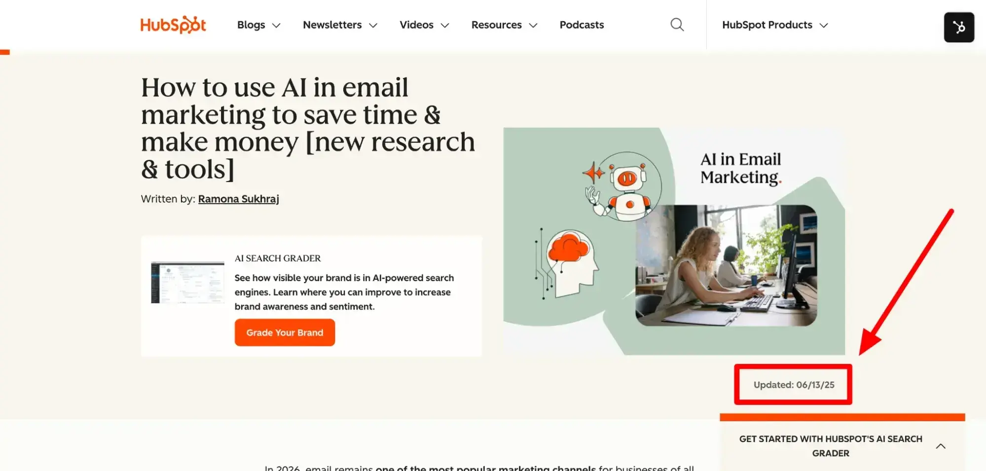 how to rank in ai search results; HubSpot blog article header featuring article title, author name, and promotional content for AI search grader tool