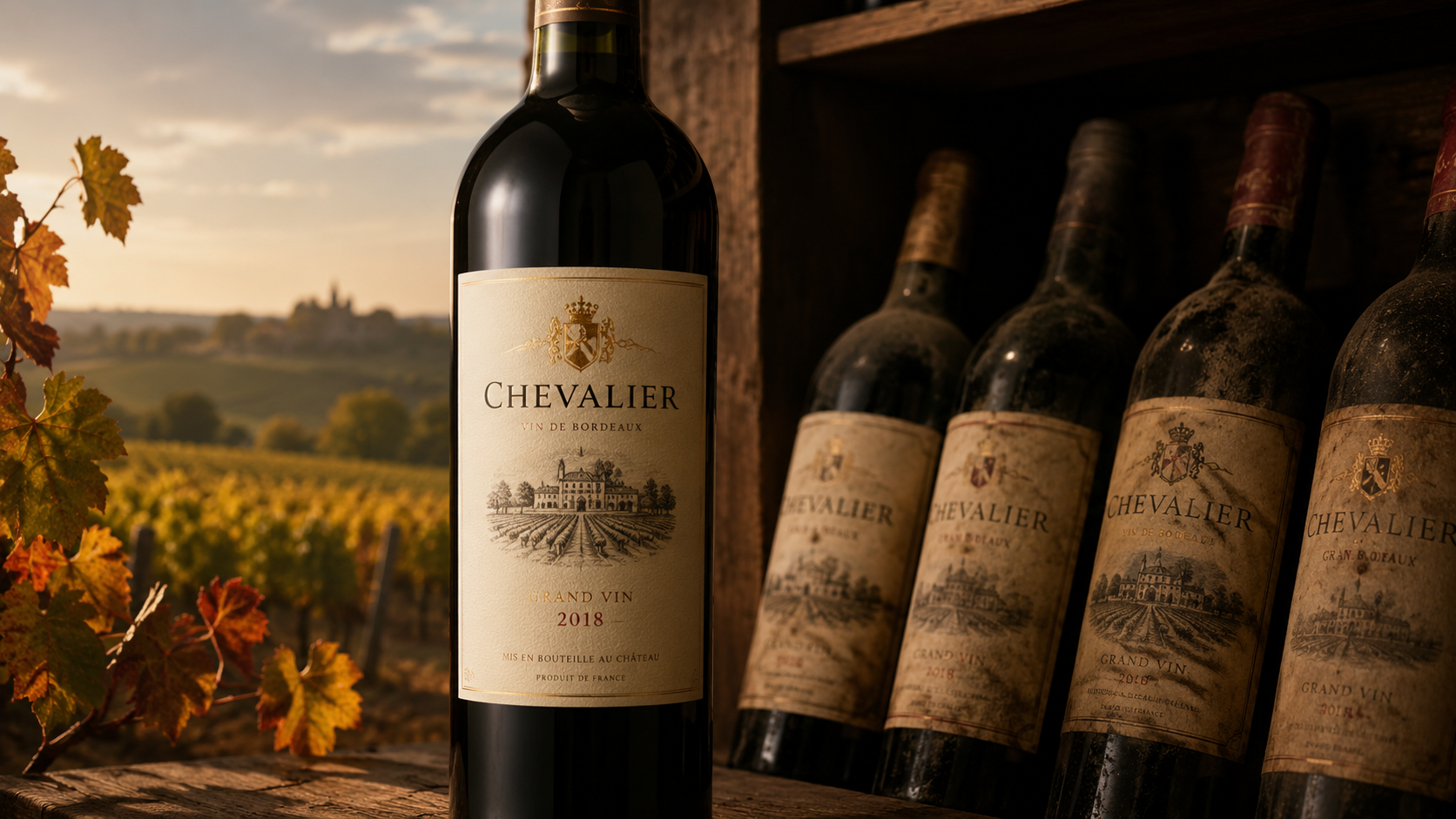 Một chai rượu vang Chevalier Bordeaux 2018 đứng thẳng, nhãn kem in huy hiệu và lâu đài, bên cạnh bốn chai cũ hơn phủ bụi trong kệ gỗ, với vườn nho và lá mùa thu ở hậu cảnh, ánh sáng hoàng hôn ấm áp.