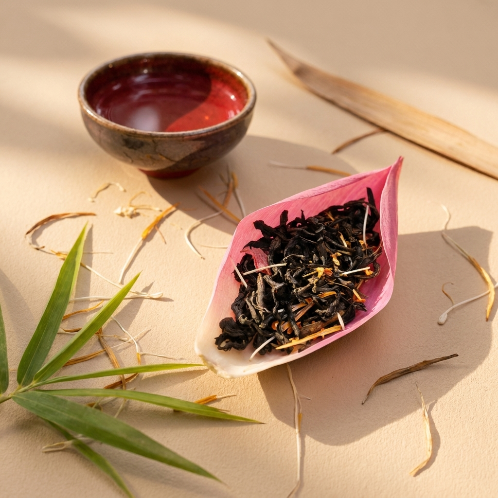 Dried tea leaves (loose leaf) in a pink lotus petal: dark, curled, oxidized leaves mixed with yellow stamens, presented in a ceramic bowl with red liquid.