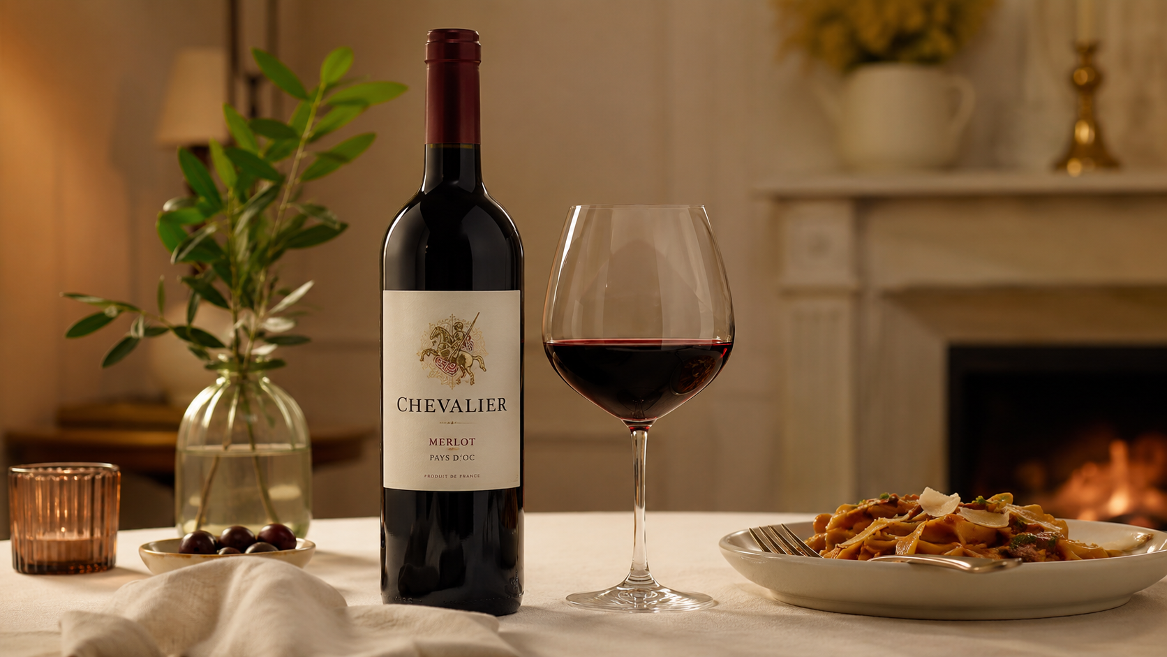 Một chai rượu vang đỏ Chevalier Merlot và một ly rượu đã rót đặt trên bàn ăn. Nhãn trắng có huy hiệu, nắp chai màu đỏ. Bên cạnh là đĩa mì, lọ hoa, nến. Nền là lò sưởi với lửa cháy, ánh sáng ấm áp.