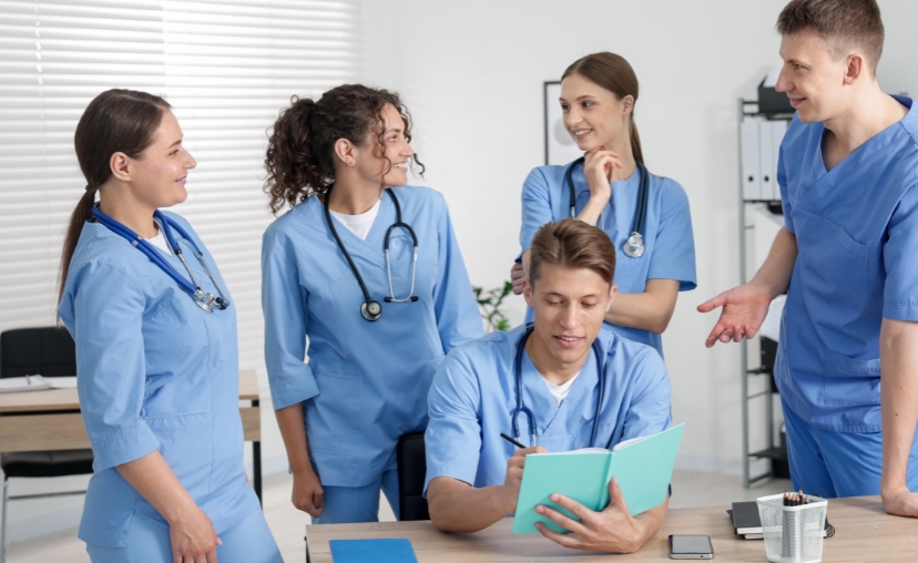 5 nhân viên y tế mặc bộ đồng phục (scrubs) màu xanh dương, 4 người đứng và 1 người ngồi ghi chép vào sổ tay xanh lá, đeo ống nghe, trong phòng khám có ánh sáng tự nhiên.