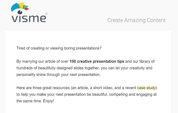 Consideration stage email example featuring tutorials and case studies