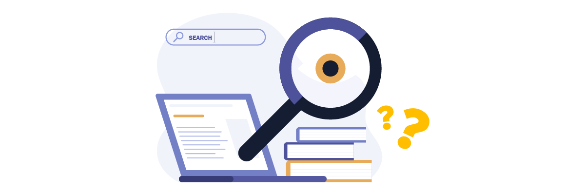 A cartoon magnifying glass over a laptop and books.