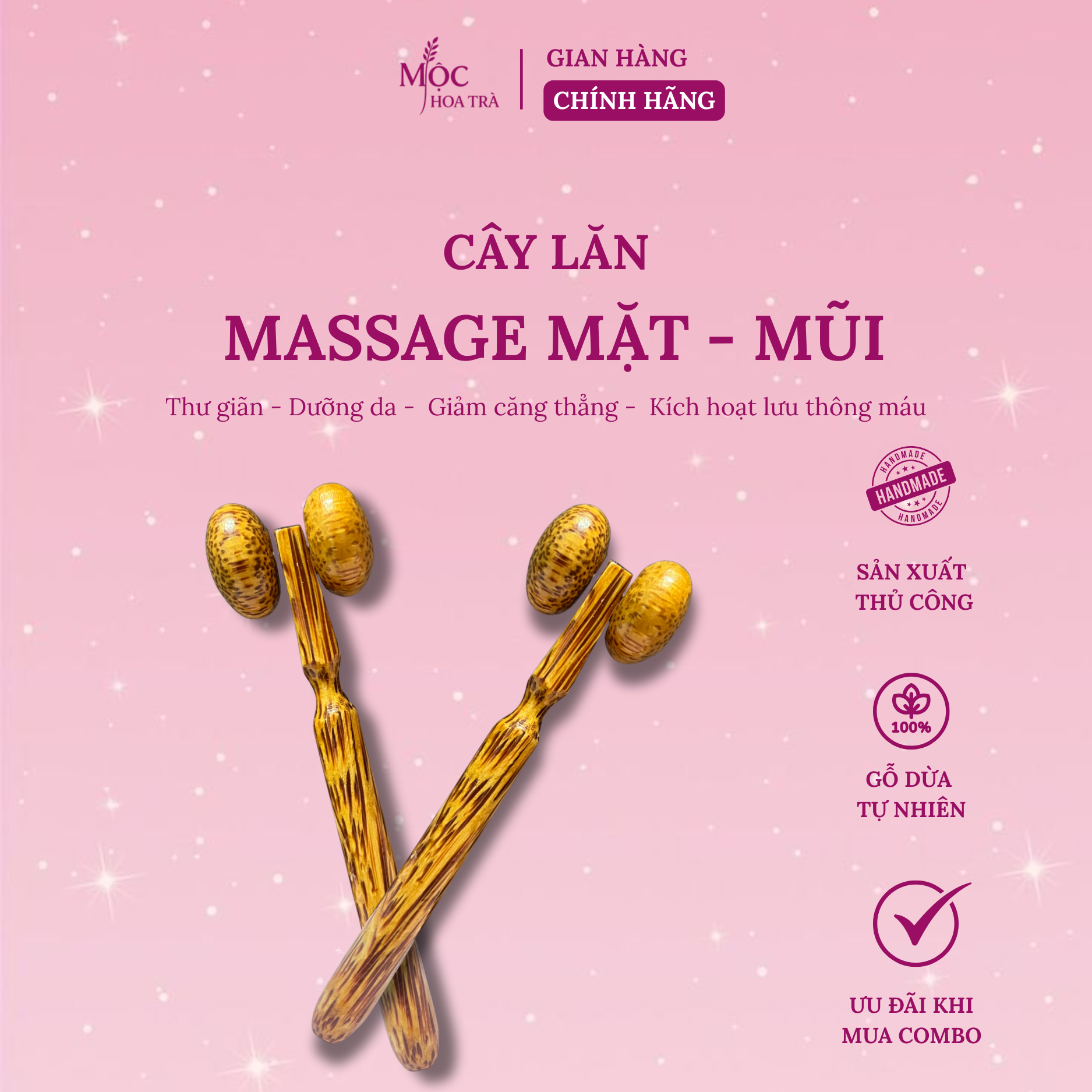 Cây lăn massage gỗ dừa kết hợp trà thảo mộc giúp thư giãn và giảm stress hiệu quả