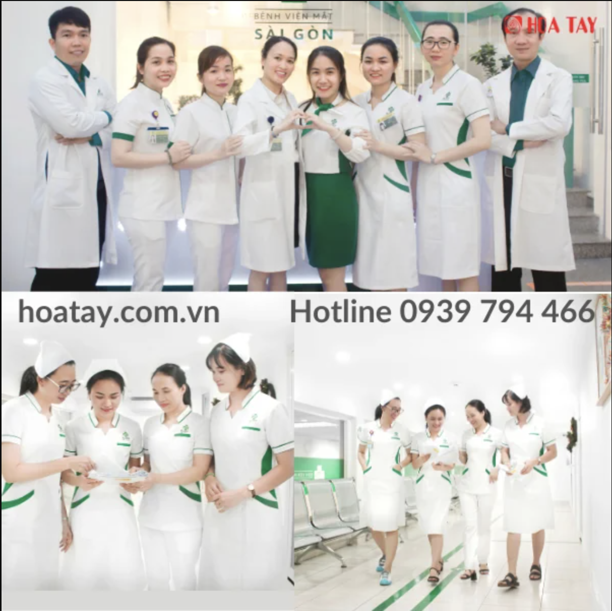 Tám nhân viên y tế (bác sĩ, điều dưỡng) đang đứng và đi lại, mặc áo blouse trắng phối viền xanh lá, cổ chữ V, chất liệu vải thô đứng form, logo thêu ngực, trong sảnh bệnh viện sáng đèn.