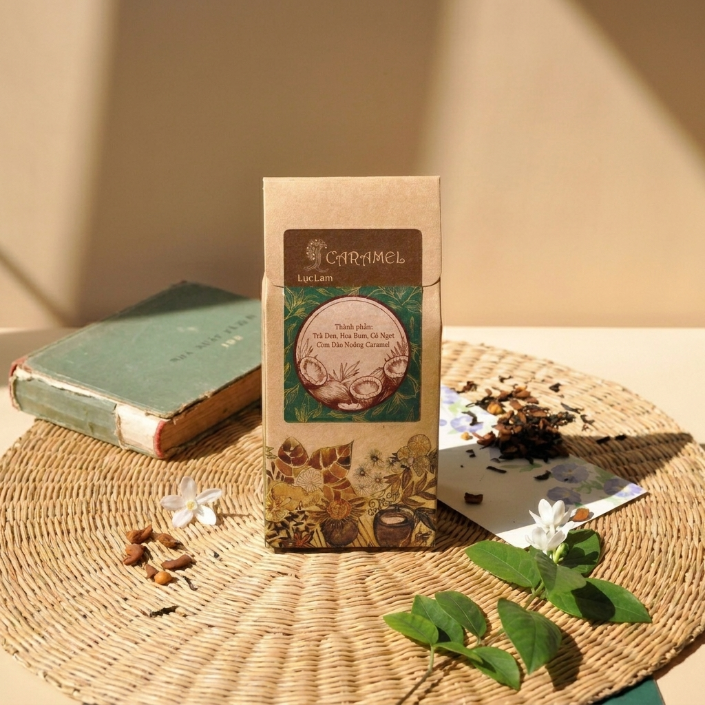 Trà Caramel là "trà hoa, trà thảo mộc " trong Hộp giấy 50gr; tên sản phẩm và quy cách được thể hiện trên bao bì; quy cách 50g. Điểm nhận diện: Bởi hương vị dễ chịu, không ồn ào không quá phô trương, v