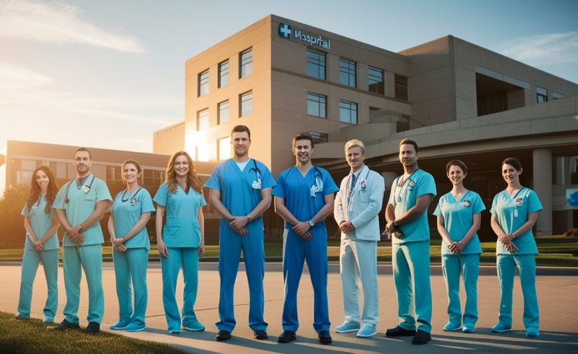 9 nhân viên y tế đứng thành hàng ngang trước tòa nhà bệnh viện hiện đại, mặc đồng phục y tá màu xanh ngọc và xanh dương, một người mặc áo blouse trắng, ánh sáng mặt trời buổi chiều