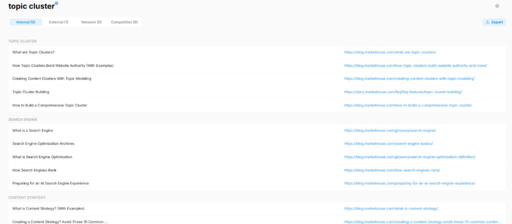 MarketMuse internal linking recommendations