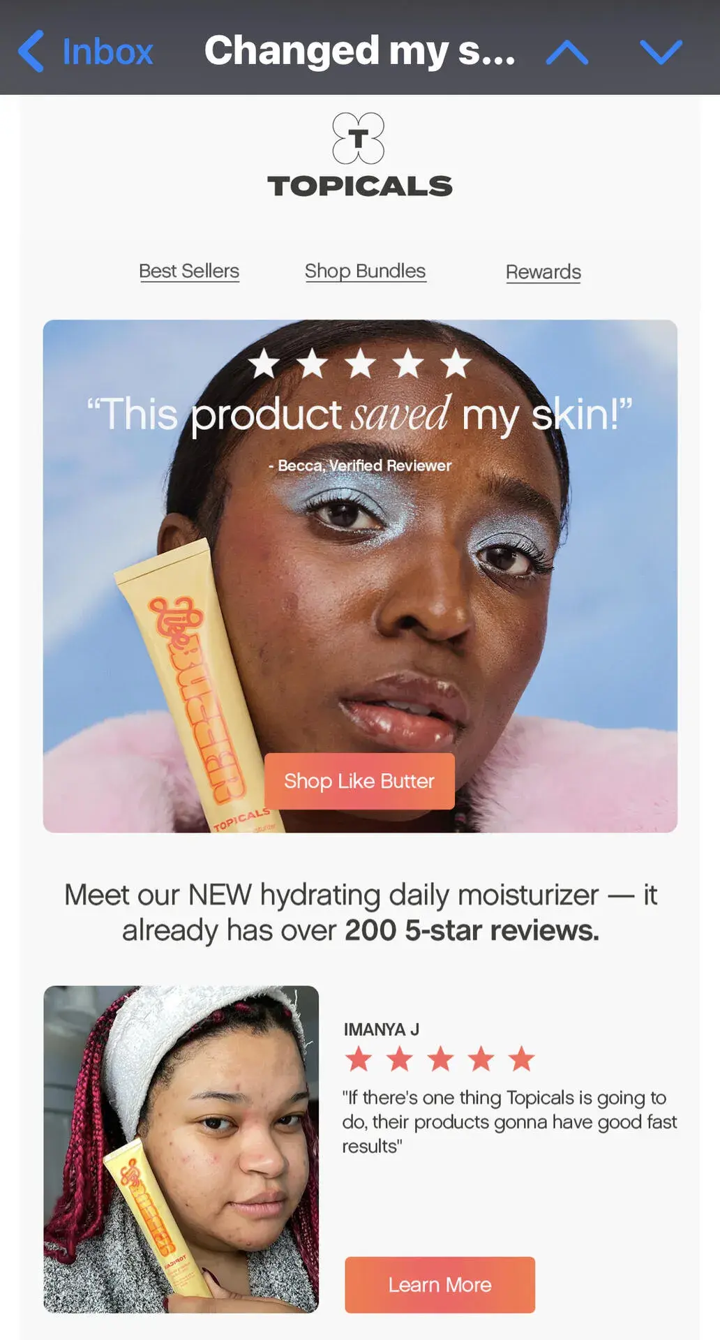 An email from Topicals showcasing customer reviews and personalized product recommendations for their popular Faded serum