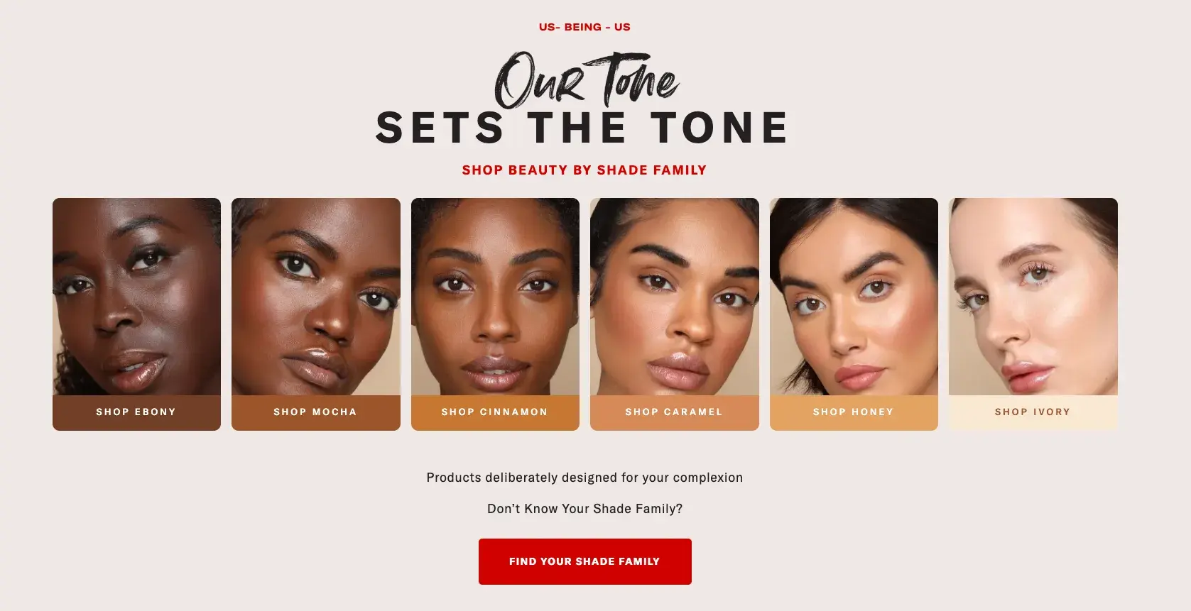 The Lip Bar's Complexion Quiz interface guiding users to find their perfect foundation shade match