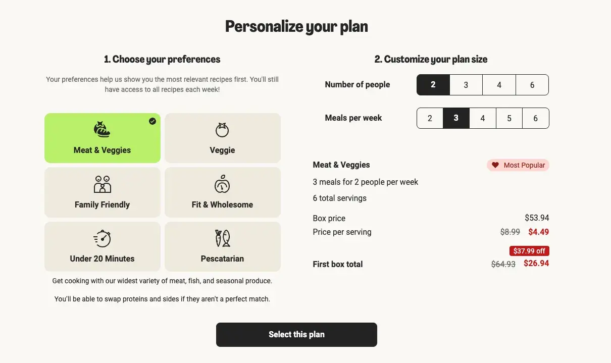 A screenshot of the HelloFresh app dashboard showing a personalized meal plan based on user dietary preferences and cooking skill level