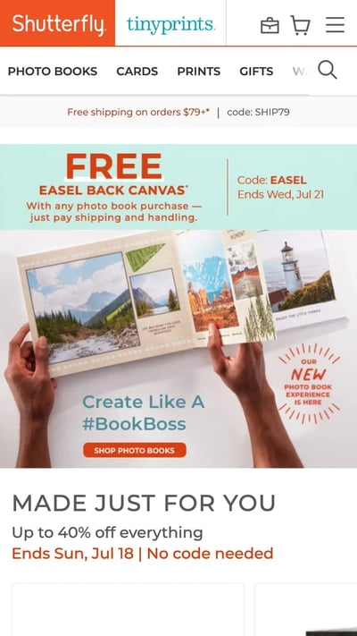 Shutterfly mobile homepage showcasing large product imagery and clear navigation buttons