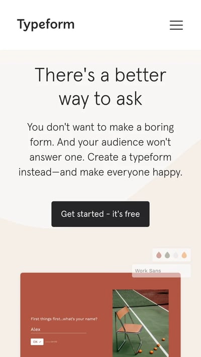 Typeform mobile homepage demonstrating simplified navigation and large tap targets