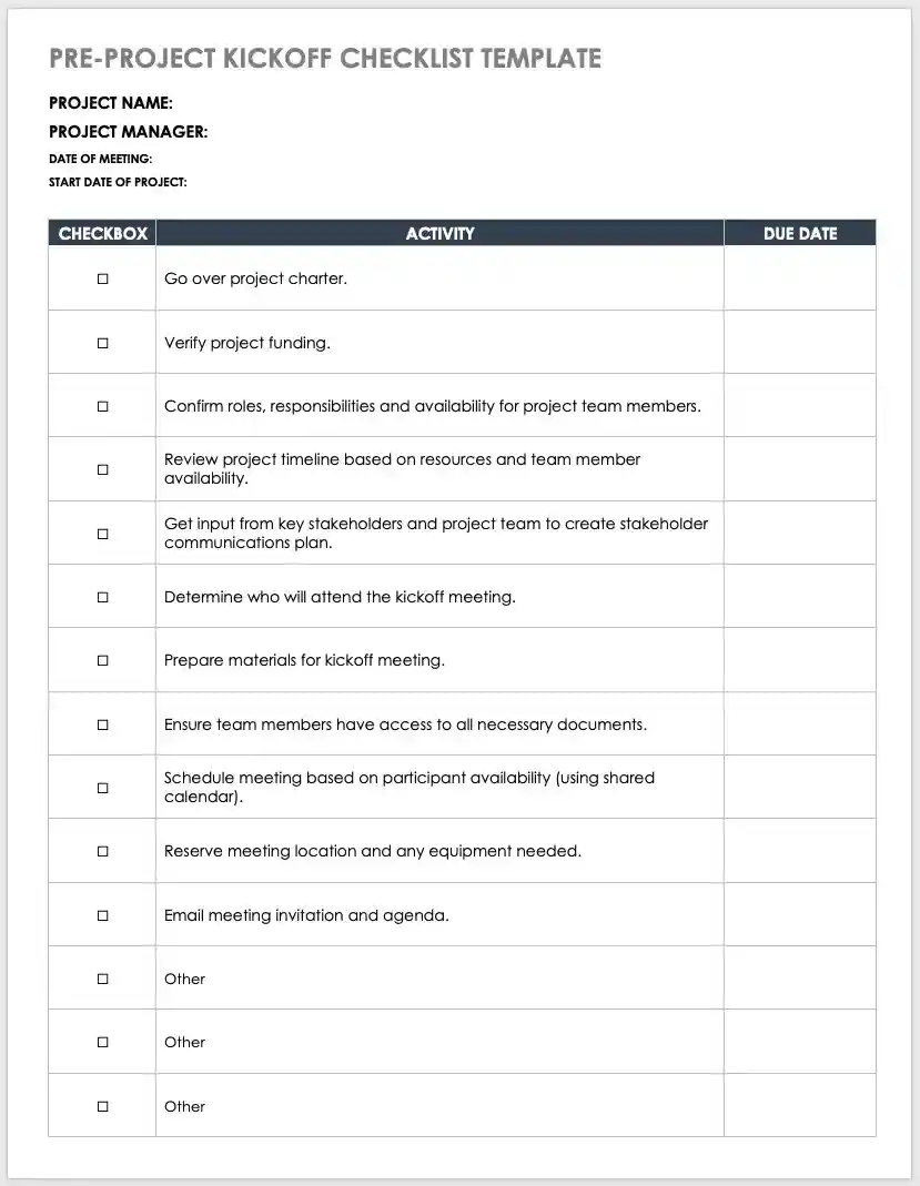 pre project kick off check list