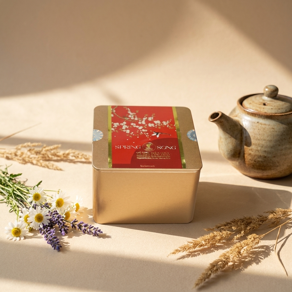 Hộp thiếc vuông Spring Song gồm túi lọc bọc riêng với năm vị Caramel, Cinnapple, Red Lava, Violet Jasmine và Velvet Rose. Dáng hộp thiếc và nhiều túi bên trong nhận diện một set đổi vị, khác hộp 50g c