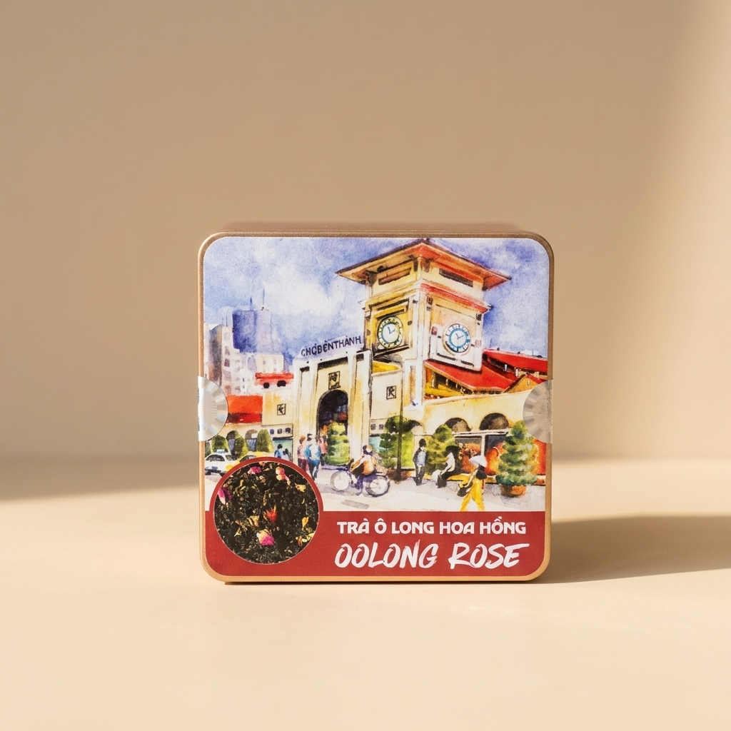 Cận cảnh hộp thiếc vuông Trà OoLong Hoa Hồng, dáng hộp chắc chắn; hộp có 50g trà, đủ pha 20–25 tách. Nắp và thân thiếc vuông nhận diện bản 50g; dạng hộp này dùng để cất trà lá rời, khác phiên bản thiế