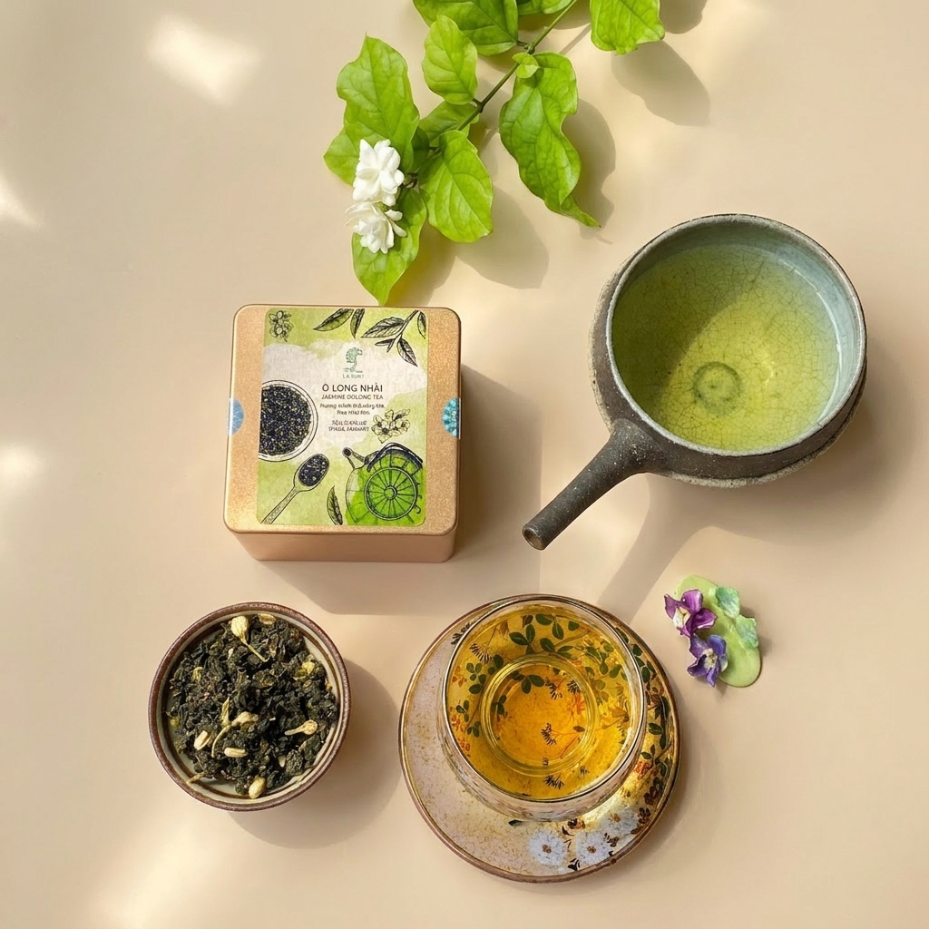 Hộp thiếc vuông Trà OoLong Nhài 50g; kèm bộ túi lọc miễn phí và tờ thành phần bên trong. Nắp và thân thiếc vuông nhận diện bản 50g; dạng hộp này dùng để cất trà lá rời, khác phiên bản thiếc cao 16 túi