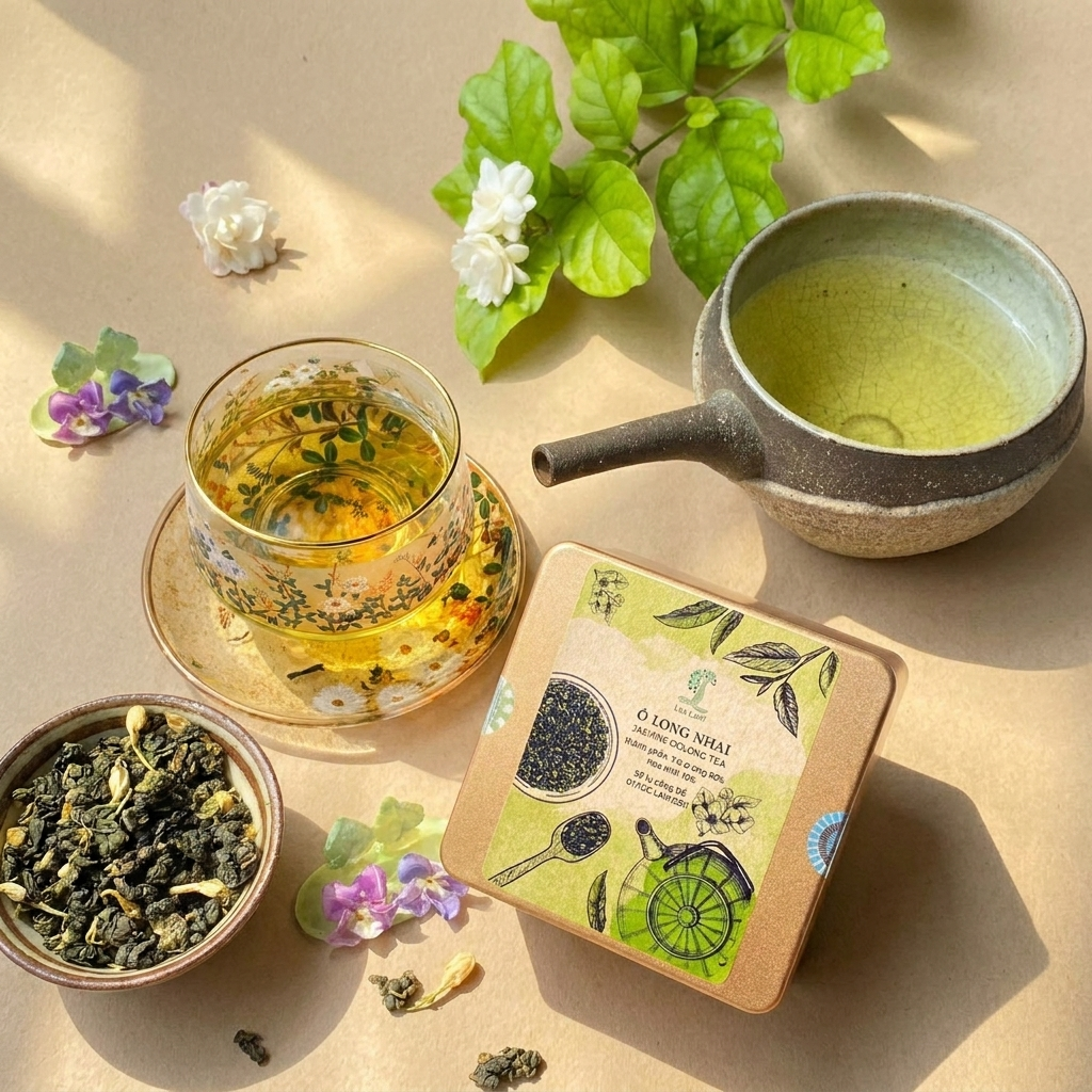 Hộp thiếc vuông Trà OoLong Nhài 50g; kèm bộ túi lọc miễn phí và tờ thành phần bên trong. Nắp và thân thiếc vuông nhận diện bản 50g; dạng hộp này dùng để cất trà lá rời, khác phiên bản thiếc cao 16 túi