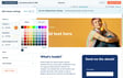 A person with short, pink hair is sitting against a bright yellow background, smiling while holding a classic yellow telephone with a colorful striped shirt and jeans. The webpage interface is partially visible, showcasing color selection options and text