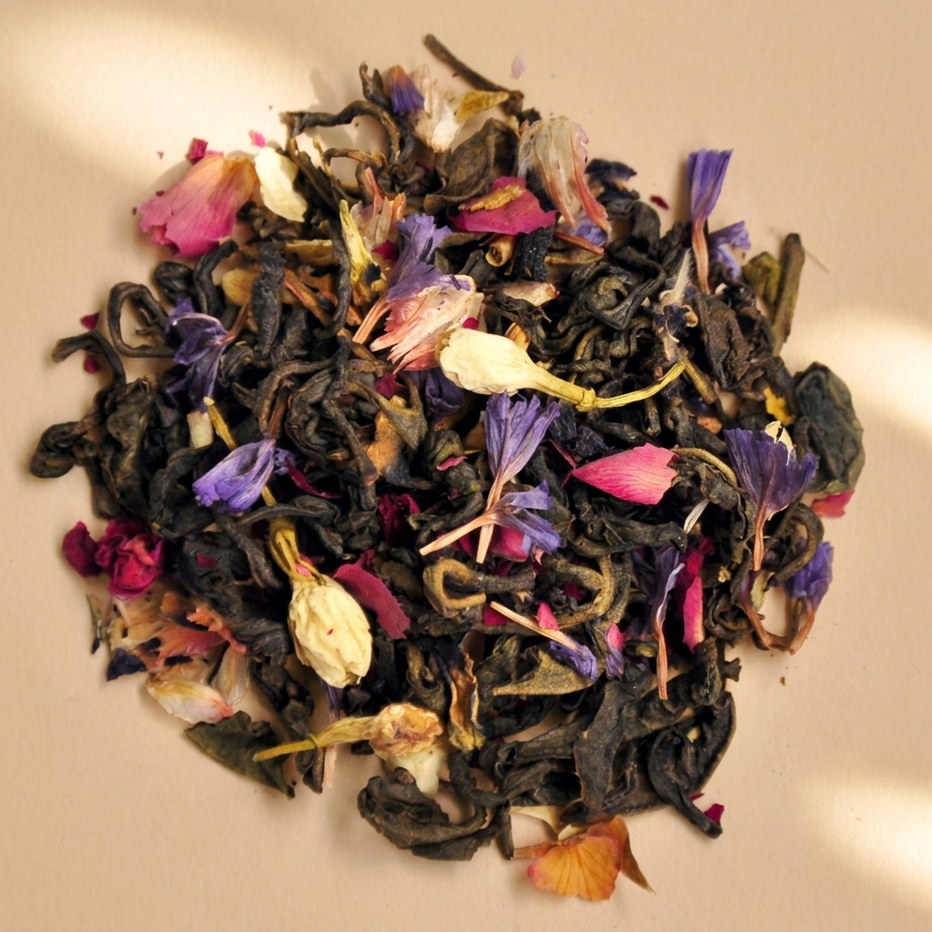 Loose leaf tea blend (dried herbal mixture) piled in a heap: dark curled tea leaves, whole dried jasmine buds, vibrant purple cornflower petals, and pink rose petals.