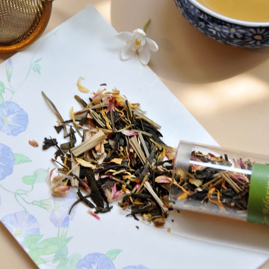 Cận cảnh ống Trà Zen Relaxing dạng lá rời, bên trong là trà xanh, táo xanh, sả, hoa cúc và hương thảo; nút bần đậy kín phía trên. Ống 20g đựng trà lá rời; mỗi lần lấy một ít vào ấm hoặc quả cầu lọc rồ