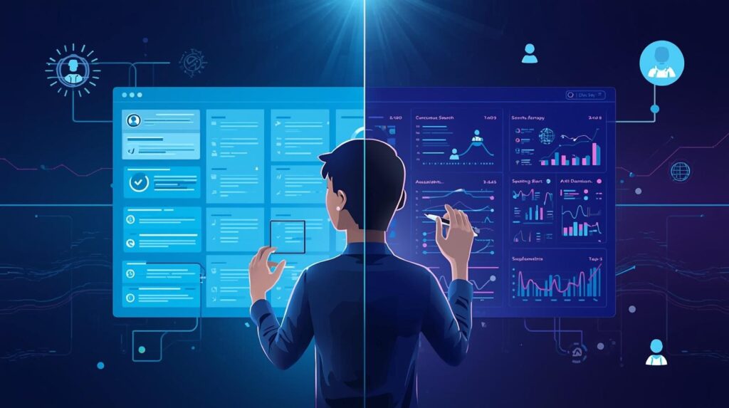 A split-screen vector illustration showing a user standing between two dashboards: a simple manual checklist interface on the left and a complex automated data analytics screen on the right.