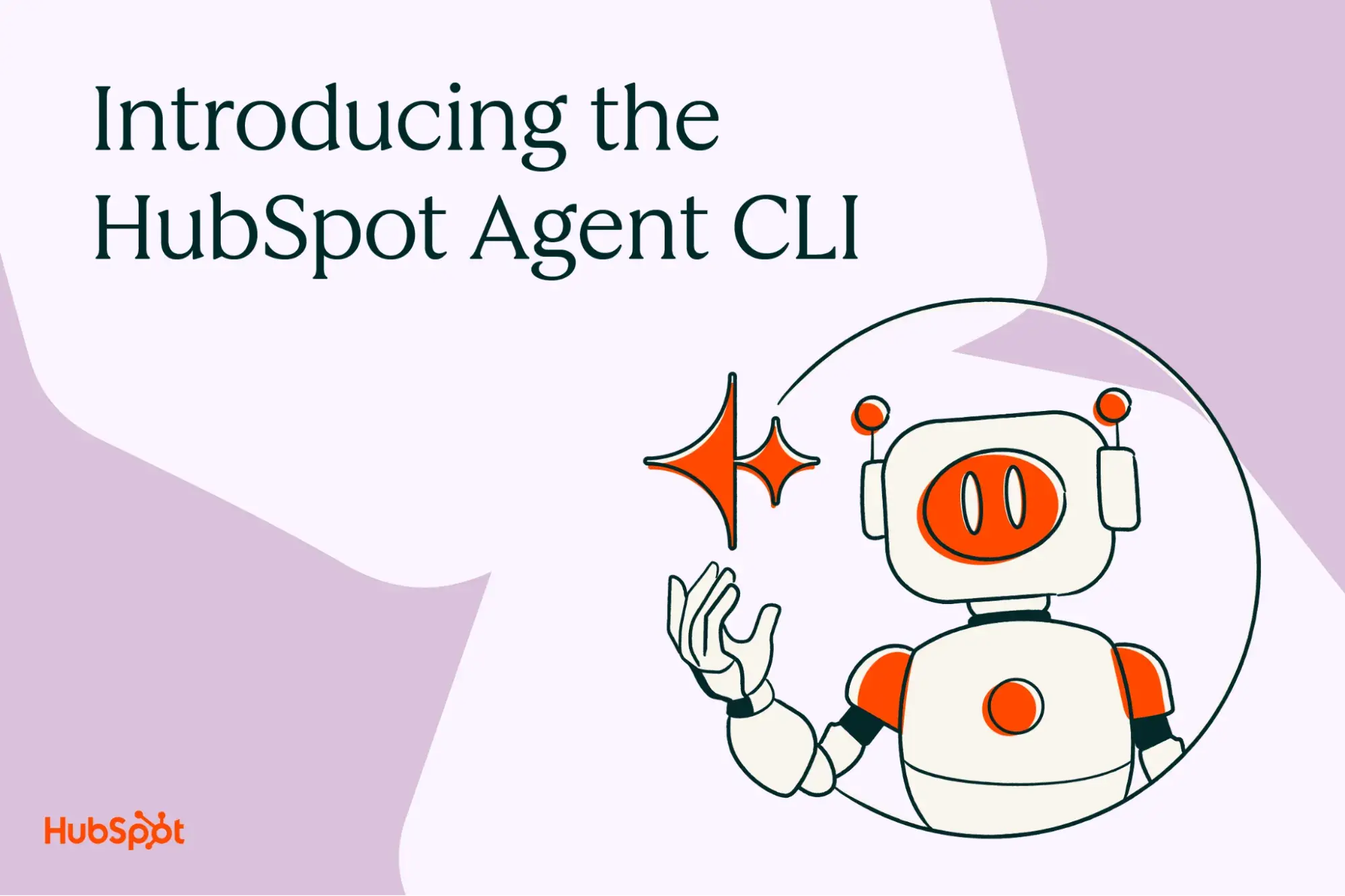 A digital illustration showing the HubSpot Agent CLI interface with a friendly robot character and branding.