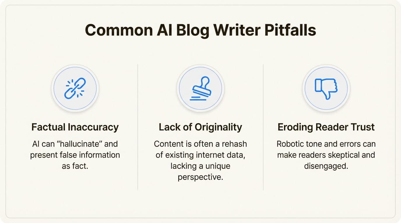 Infographic on AI blog writer limitations, highlighting factual inaccuracy and content trust issues for AI search engines