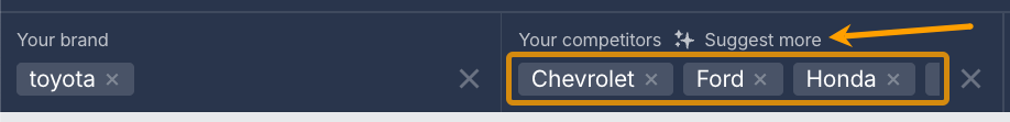 Ahrefs' Brand Radar search bar with Toyota added as your brand and competitors like Chevrolet, Ford and Honda suggested but the AI tool.