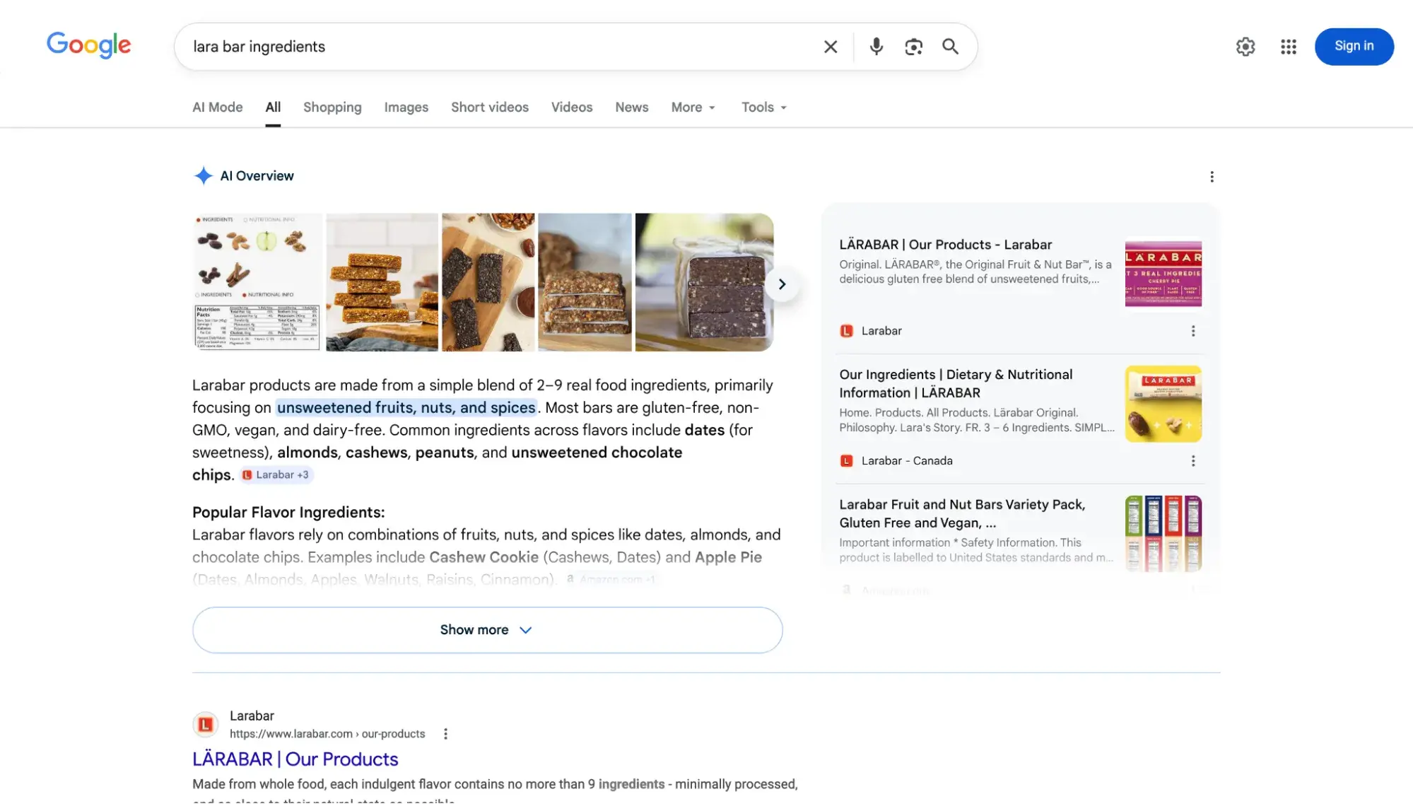 Google AI Overview for the query “lara bar ingredients” showing how AI extracts product composition.