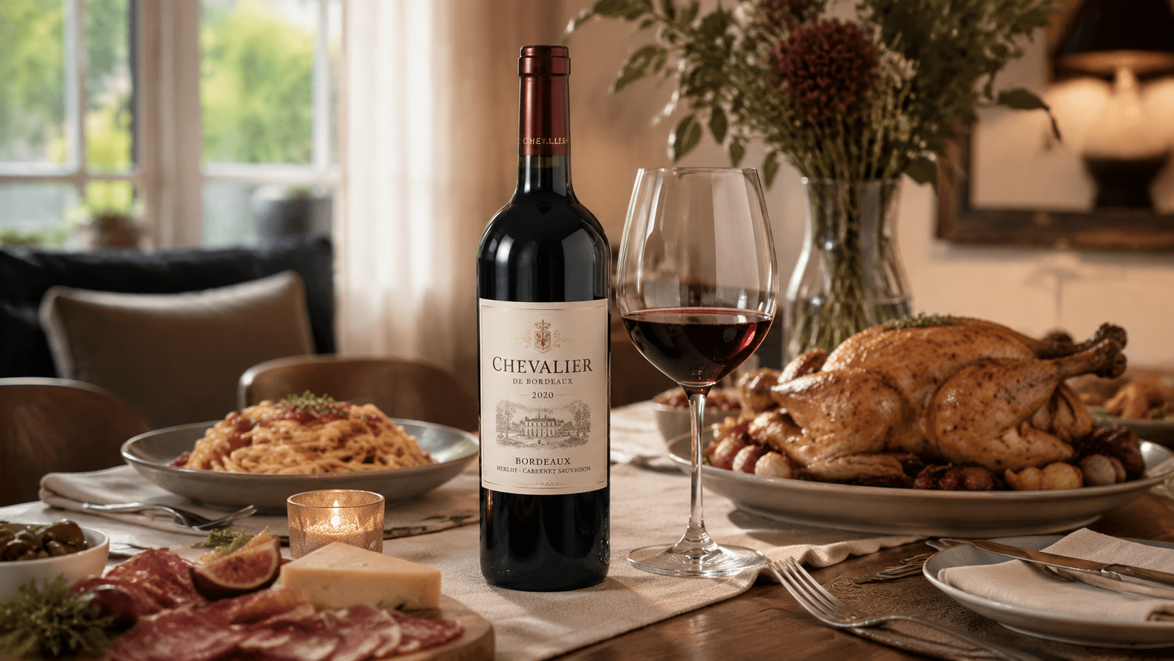 Chai rượu vang Chevalier de Bordeaux 2020 đứng giữa bàn tiệc, bên cạnh ly rượu đỏ, gà quay, mì và phô mai. Nhãn trắng in tên thương hiệu, chai thủy tinh tối màu, nắp đỏ. Ánh sáng ấm từ cửa sổ và nến.