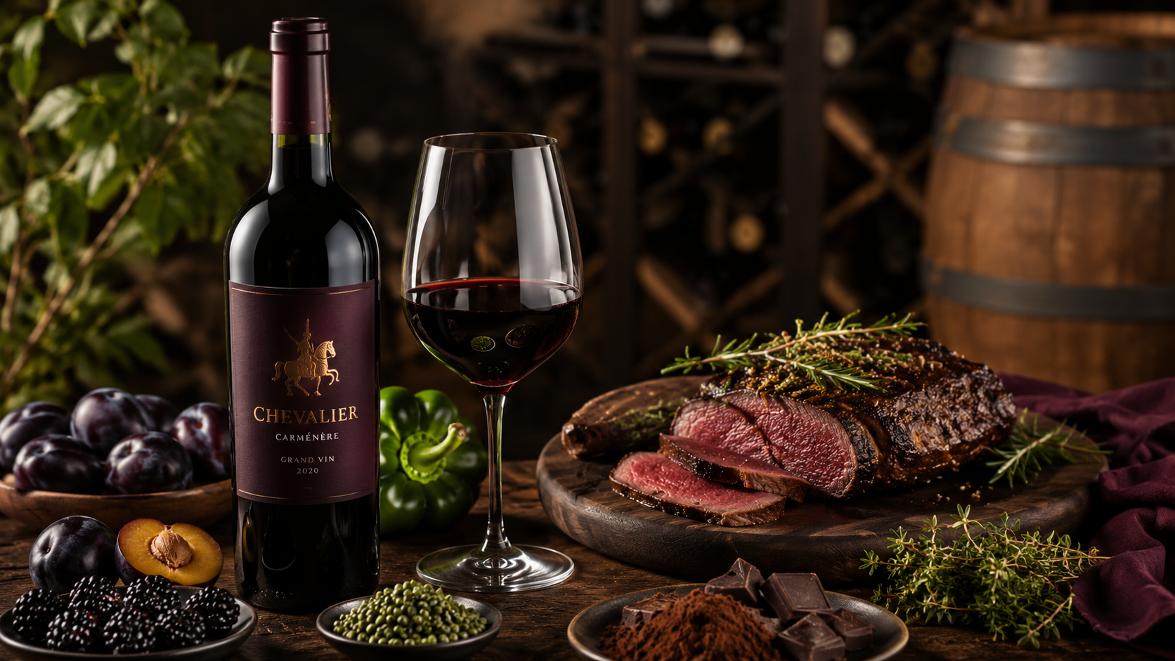 Một chai rượu vang đỏ Chevalier Carménère 2020, một ly rượu, và một tảng thịt bò nướng cắt lát trên thớt gỗ, kèm theo mận, việt quất, đậu xanh, sô-cô-la và các loại thảo mộc, trong bối cảnh hầm rượu v