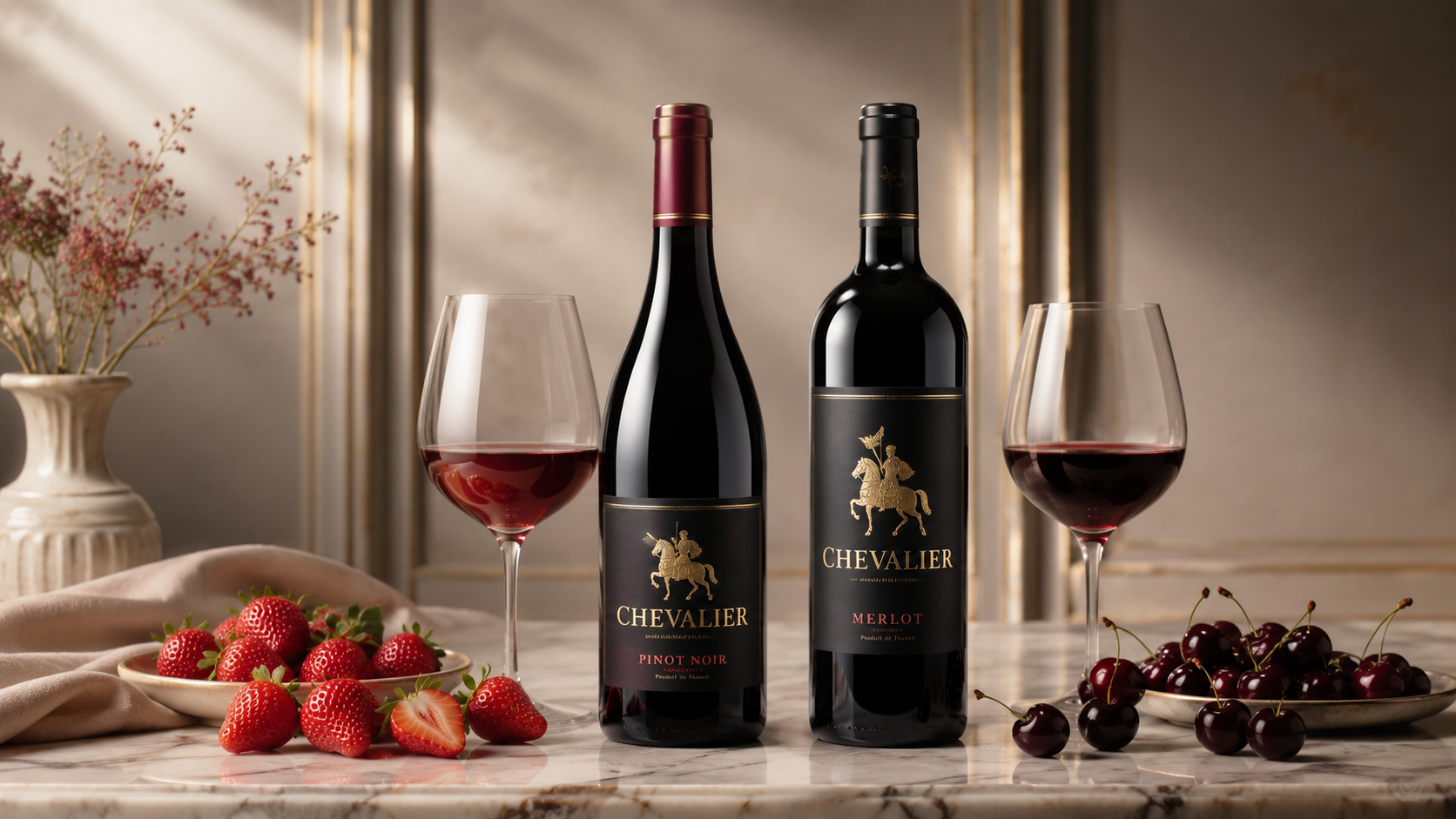 Hai chai rượu vang đen nhãn 'Chevalier' (Pinot Noir và Merlot) với logo kỵ sĩ vàng, đặt giữa hai ly rượu đỏ, xung quanh là dĩa dâu tây và anh đào, trên mặt bàn đá cẩm thạch với ánh sáng ấm.