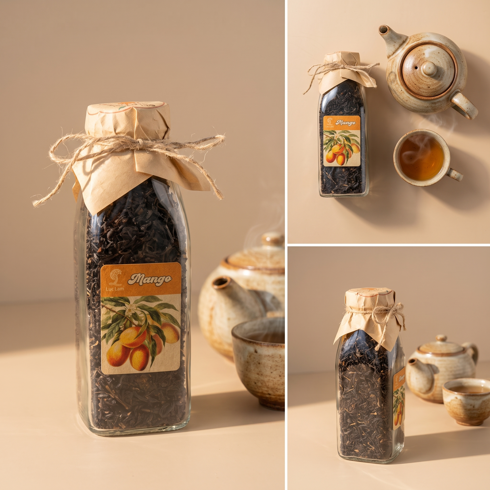 What does this image show: Chai thủy tinh trong suốt đựng trà lá rời trộn xoài sấy, thấy rõ màu trà đen vàng óng và miếng xoài khô bên trong, nắp vặn kín, dùng nhiều lần.