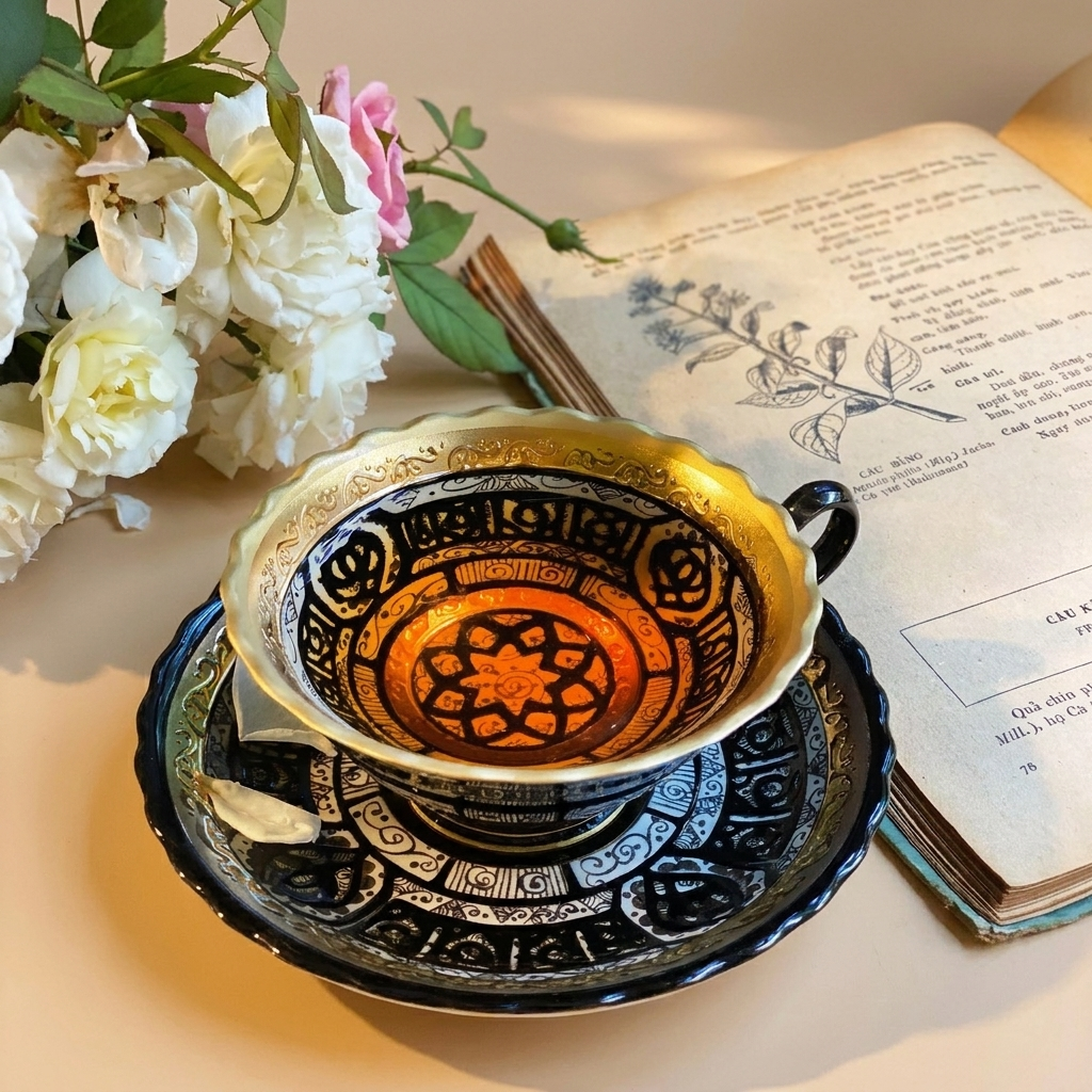 What does this image show: Chai thủy tinh trong suốt đựng trà lá rời trộn xoài sấy, thấy rõ màu trà đen vàng óng và miếng xoài khô bên trong, nắp vặn kín, dùng nhiều lần.