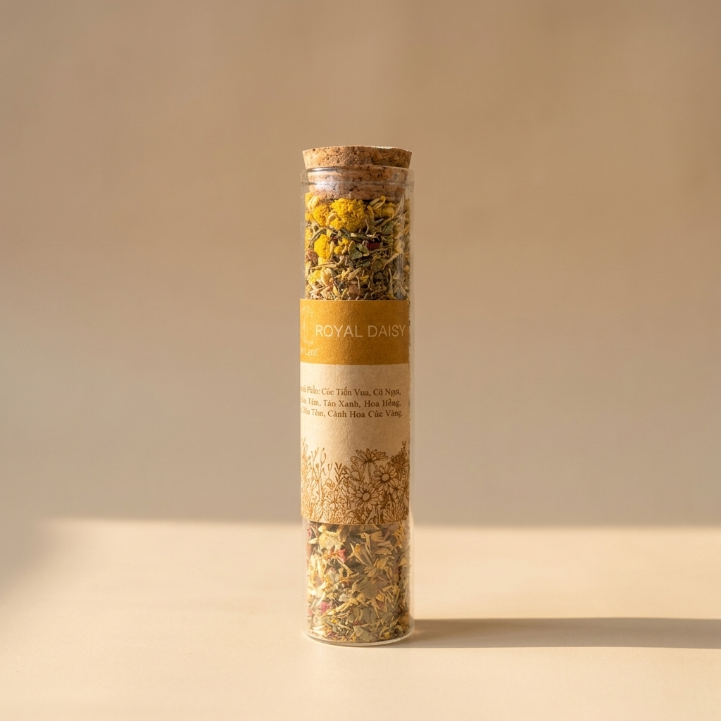 Nhìn ngang thân ống Trà Royal Daisy: cúc tiến vua, lá và quả dâu tằm, táo xanh nằm bên trong, nút bần đóng kín. Ống trong suốt phô phần nguyên liệu khô; nút bần mở để lấy một phần trà rồi đóng lại, tư